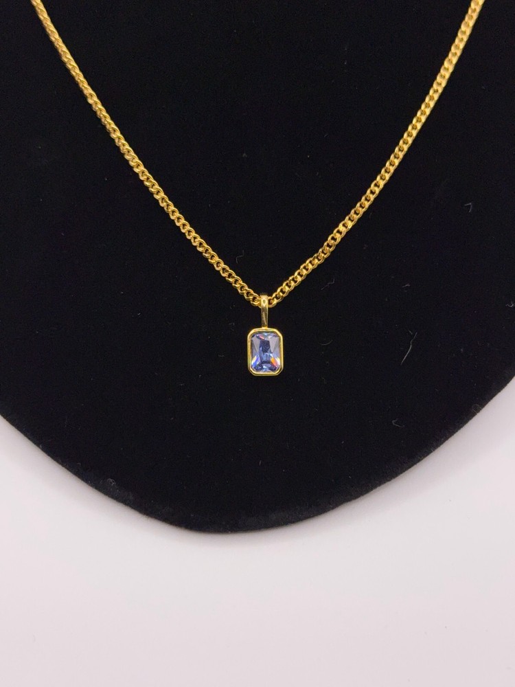 18K Gold Birthstone Pendant Necklace – 2mm Cuban Link Chain – Unisex Gift