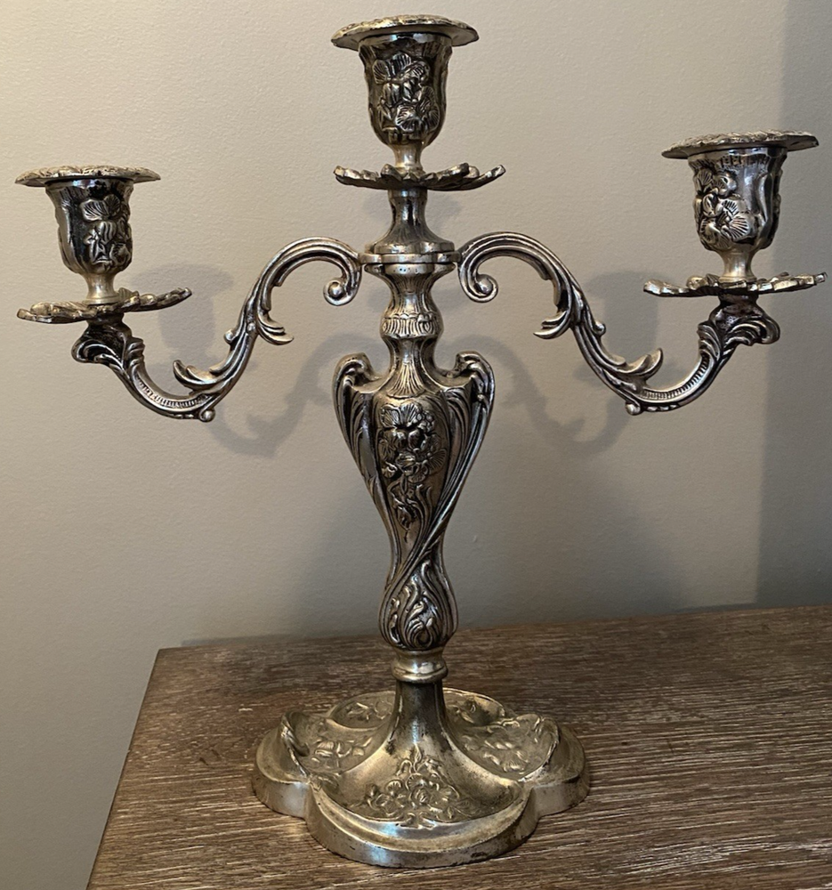Vintage 3 Arm Candelabra Beautiful Nature Themed Detail 13.25