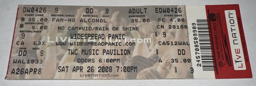 4/26/08 Widespread Panic Band Concert Music Ticket Stub TWC Pavilion Charlotte