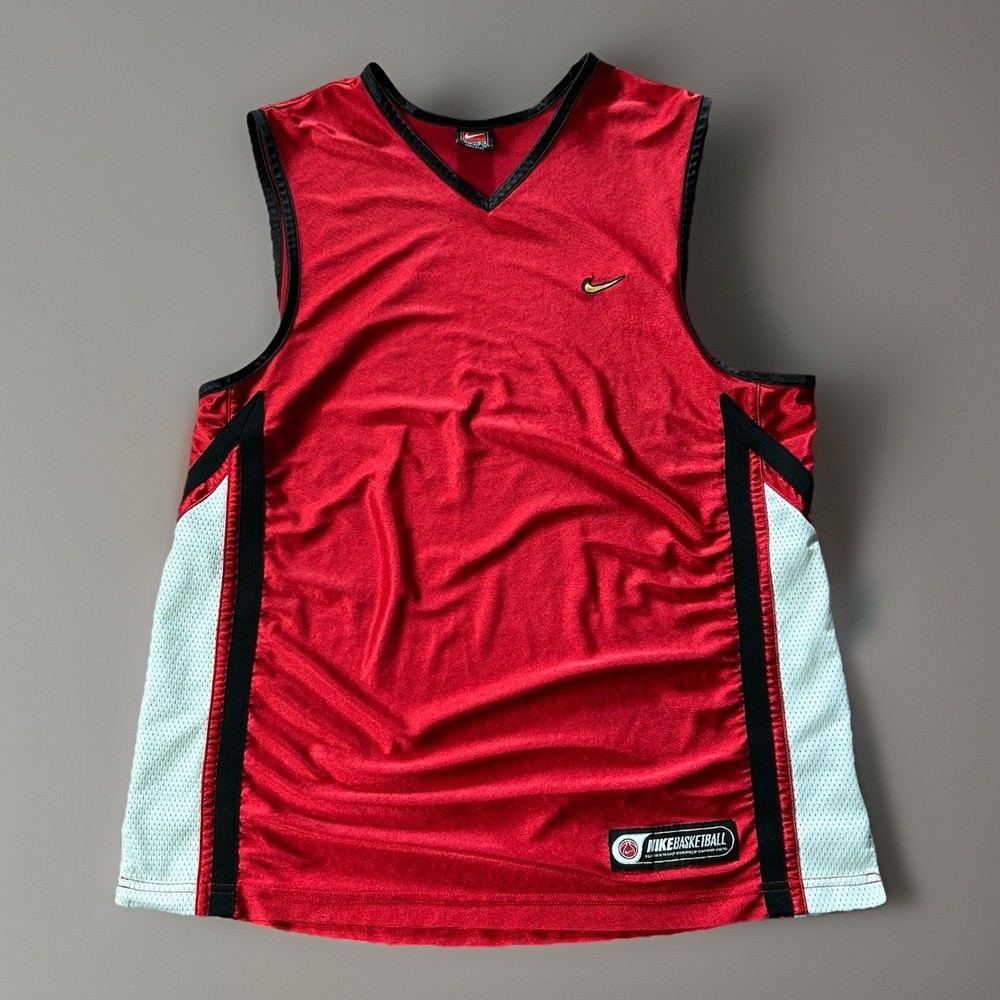 Vintage Nike Team Mens Shiny Red White GOLD Swoosh Basketball Jersey Size L Y2K