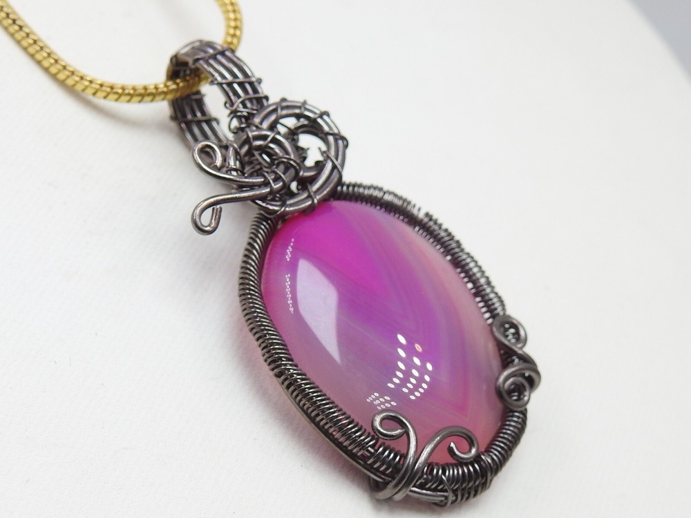 Pink Strip Agate Brass Pendant Silver Oxidised Polished Wire Wrapped Jewelry