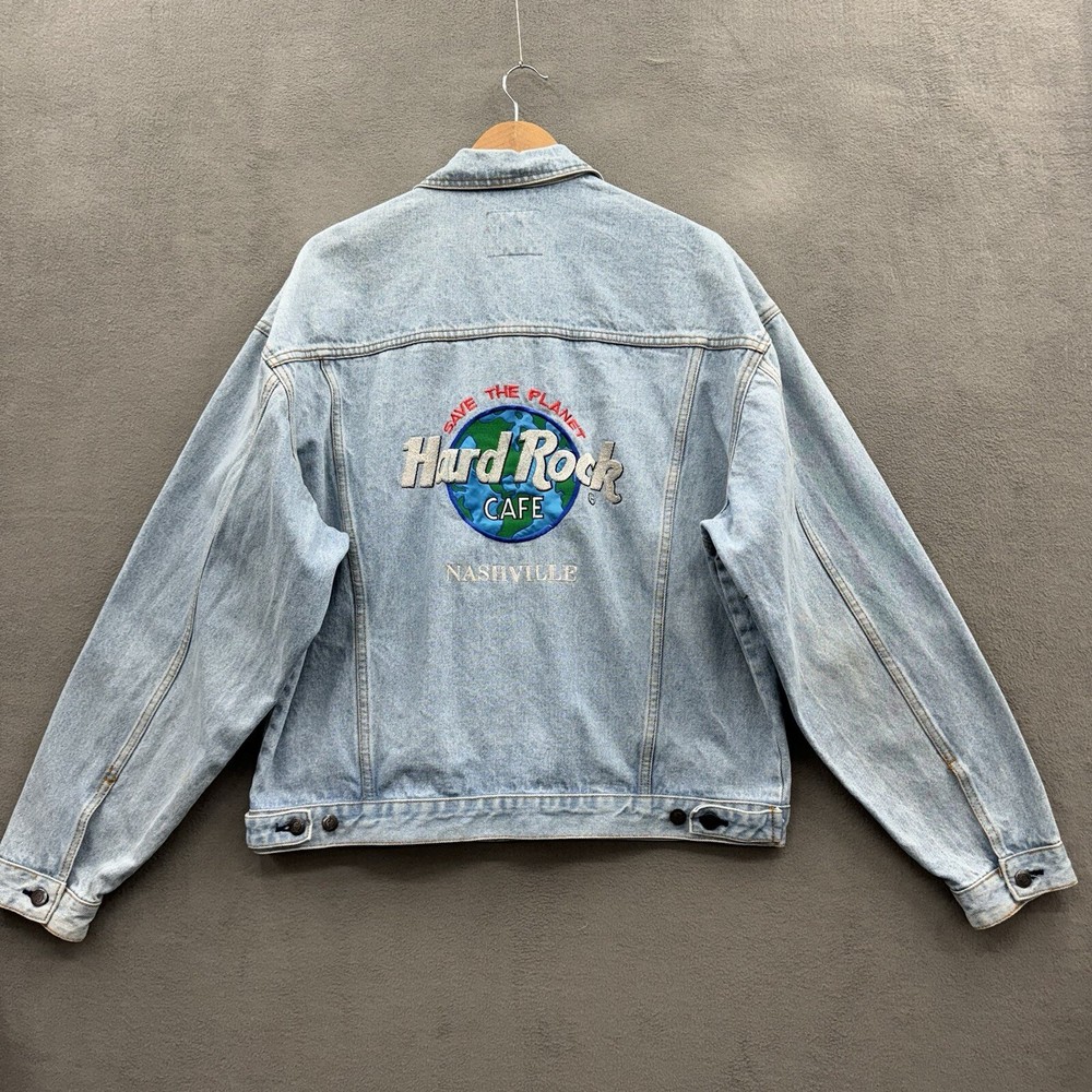 Vintage 90’s Hard Rock Cafe Denim Jean Jacket Mens XL Save The Planet Nashville