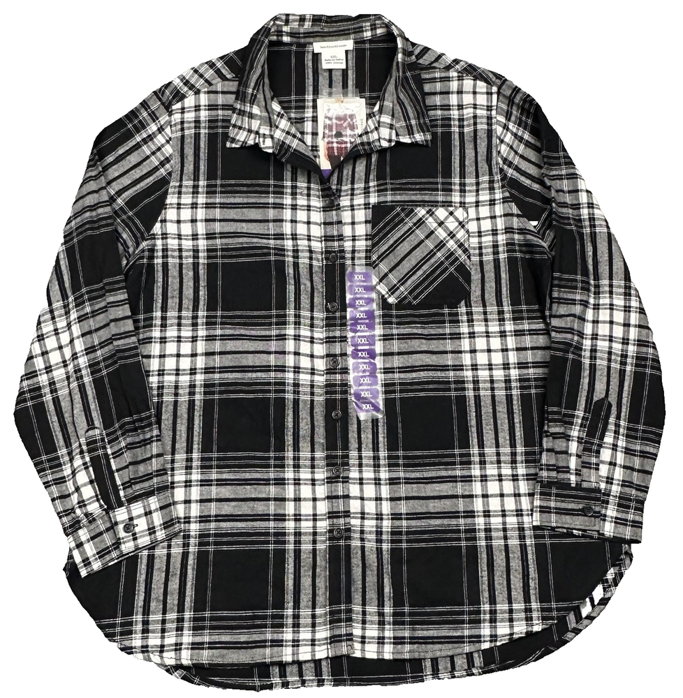Beach Lunch Lounge Flannel Shirt Womens XXL Black Plaid Long Sleeve Button NEW