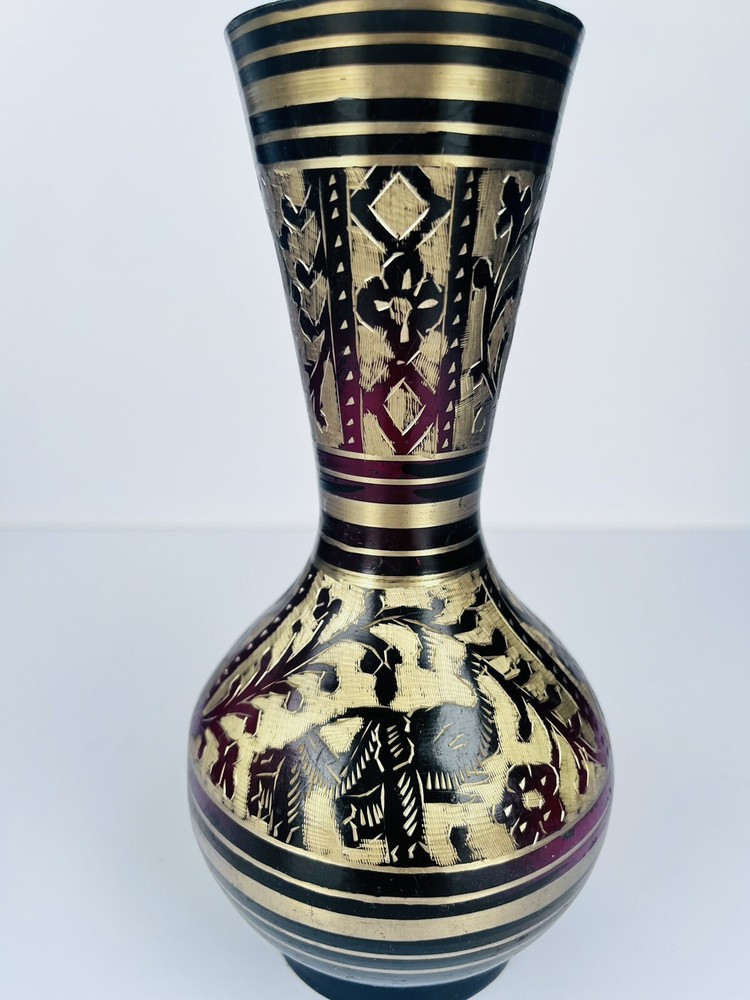 Black Metal Vase With Brass Etched Gold In Beautiful Floral Design Medium Size