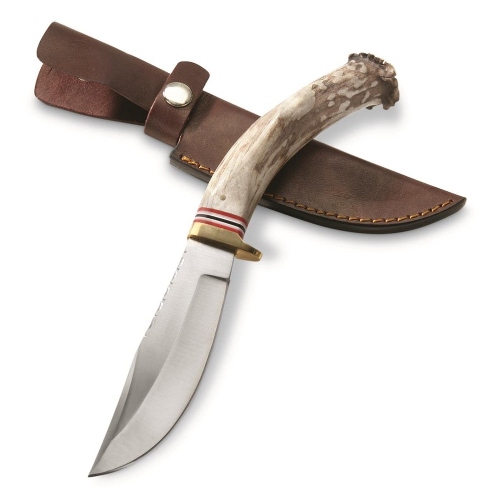 10.5” Stag Handle Upsweep Outdoor Hunting Knife with Leather Sheath, Brown,SS...