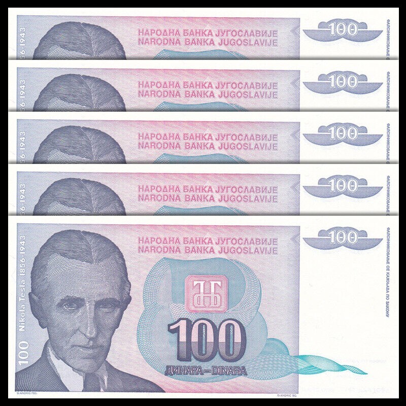 Lot 5 PCS, Yugoslavia 100 Dinars, 1994, P-139, UNC