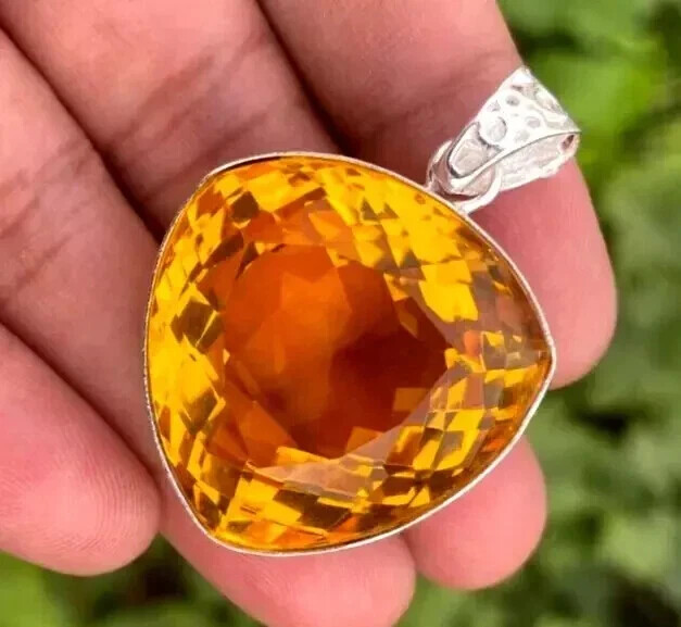 101.90 Ct Natural Yellow Citrine Trillion Cut Silver Pendant Gemstone Jewelry