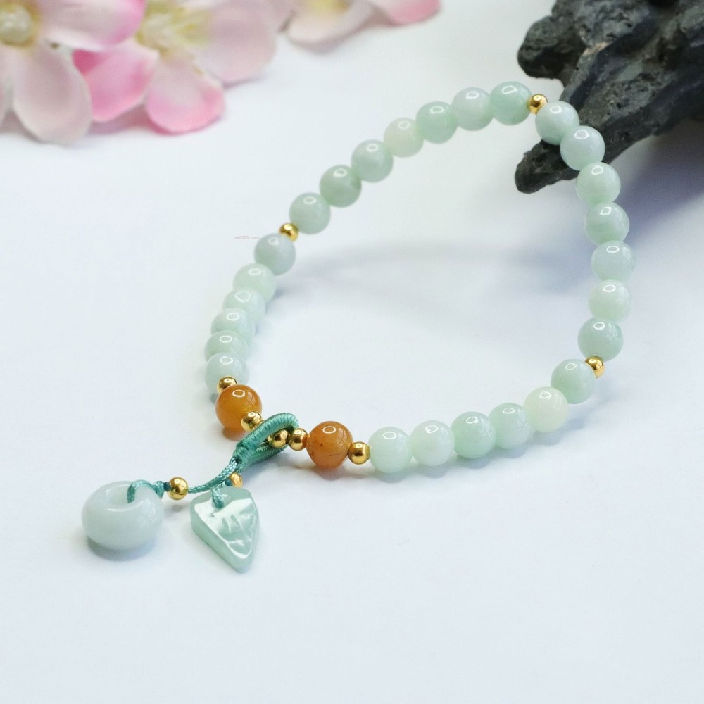 Natural A-Grade Jadeite Leaf Beaded Safety Buckle Bracelet