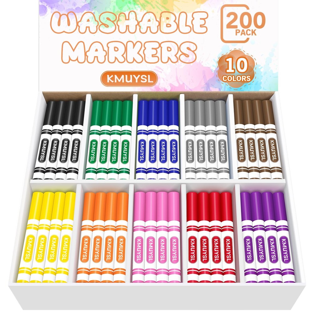 200 Washable Markers Bulk Pack - 10 Vibrant Colors, Broad Conical Tips for Kids & Artists