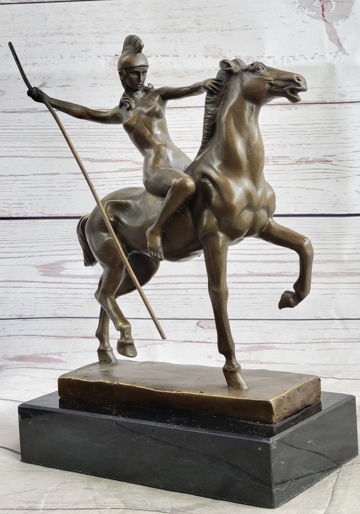 Signed Bronze Art Deco Amazon Girl & Horse Sculpture Statue