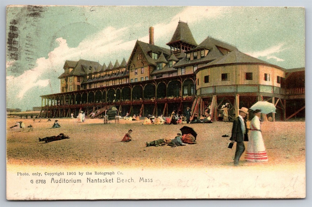 Vintage 1905 Nantasket Beach MA Auditorium Large Porch Umbrella Postcard