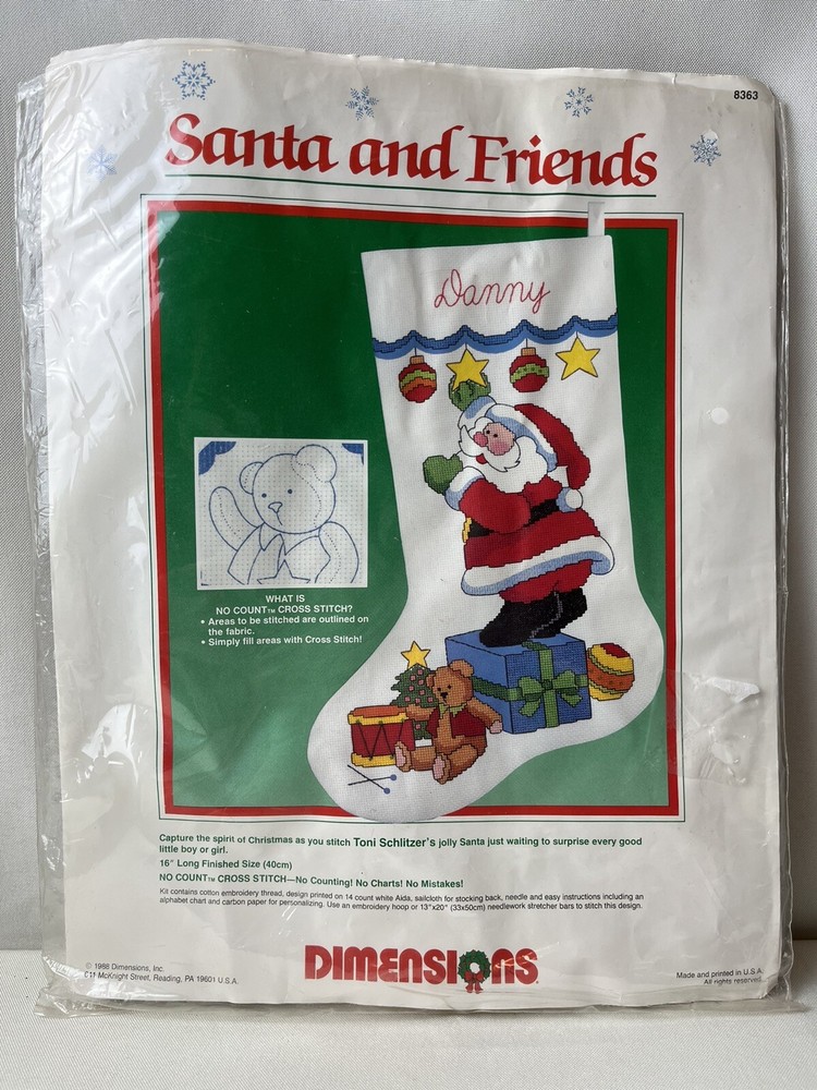 Rare Vintage 1988 Dimensions Santa and Friends Cross Stitch Stocking Kit #8363