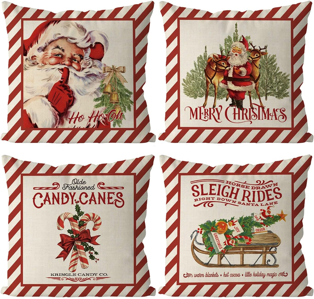 Festive Christmas Pillow Covers with Candy Canes Elk Santa Sleigh Designs