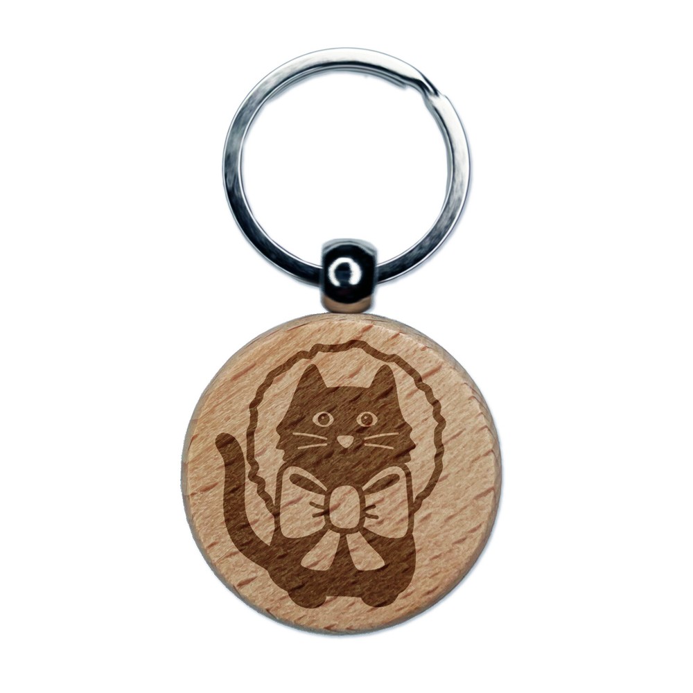 Cat in Christmas Wreath Engraved Wood Round Keychain Tag Charm