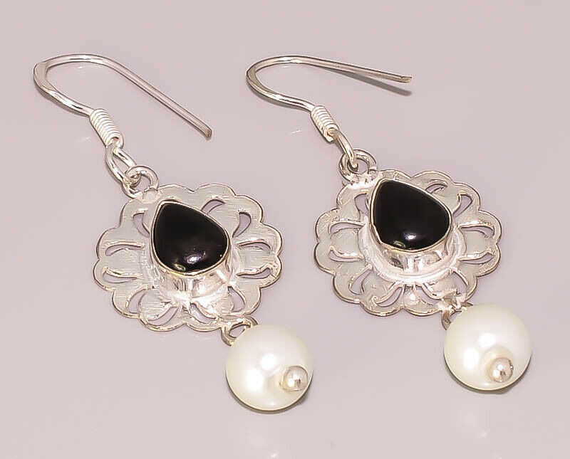Black Onyx Fresh River White Pearl 925 STERLING SILVER PLATED EARRING