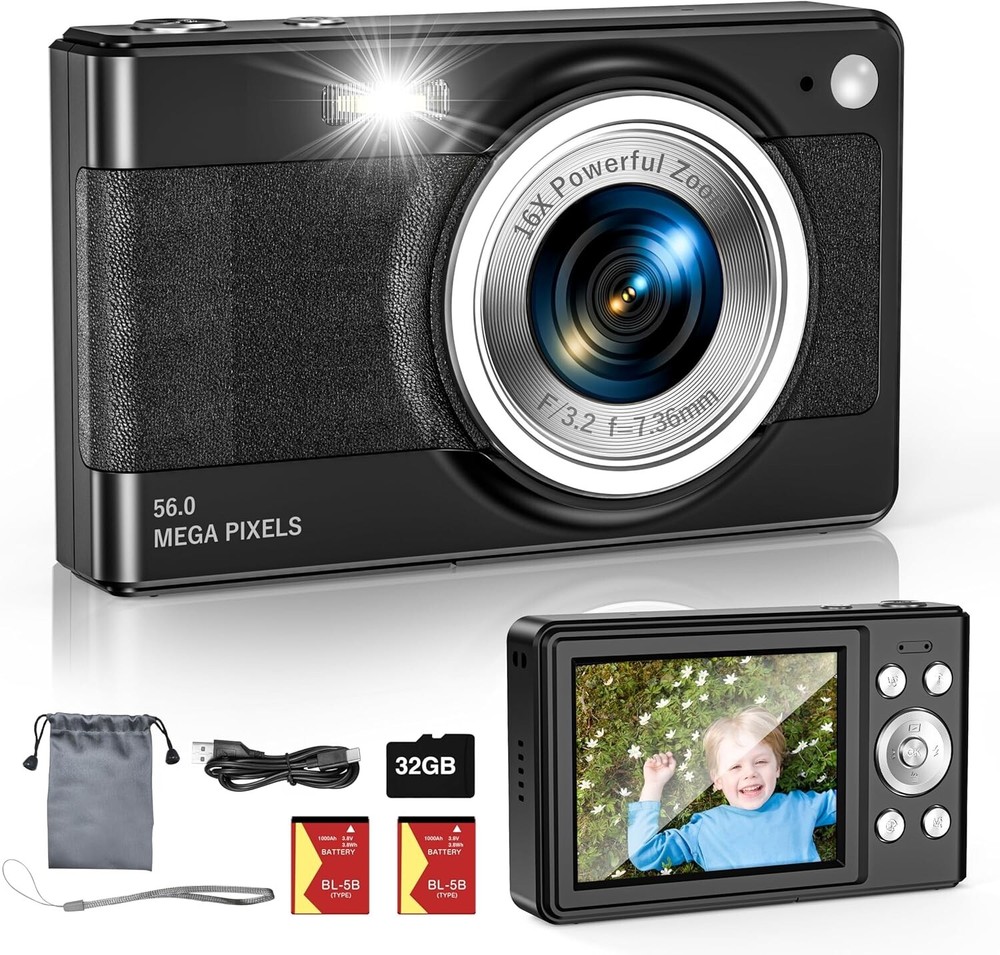 Digital Camera, 56MP FHD 1080P Camera for Kids with 16x Zoom Anti Shake, Kid Cam