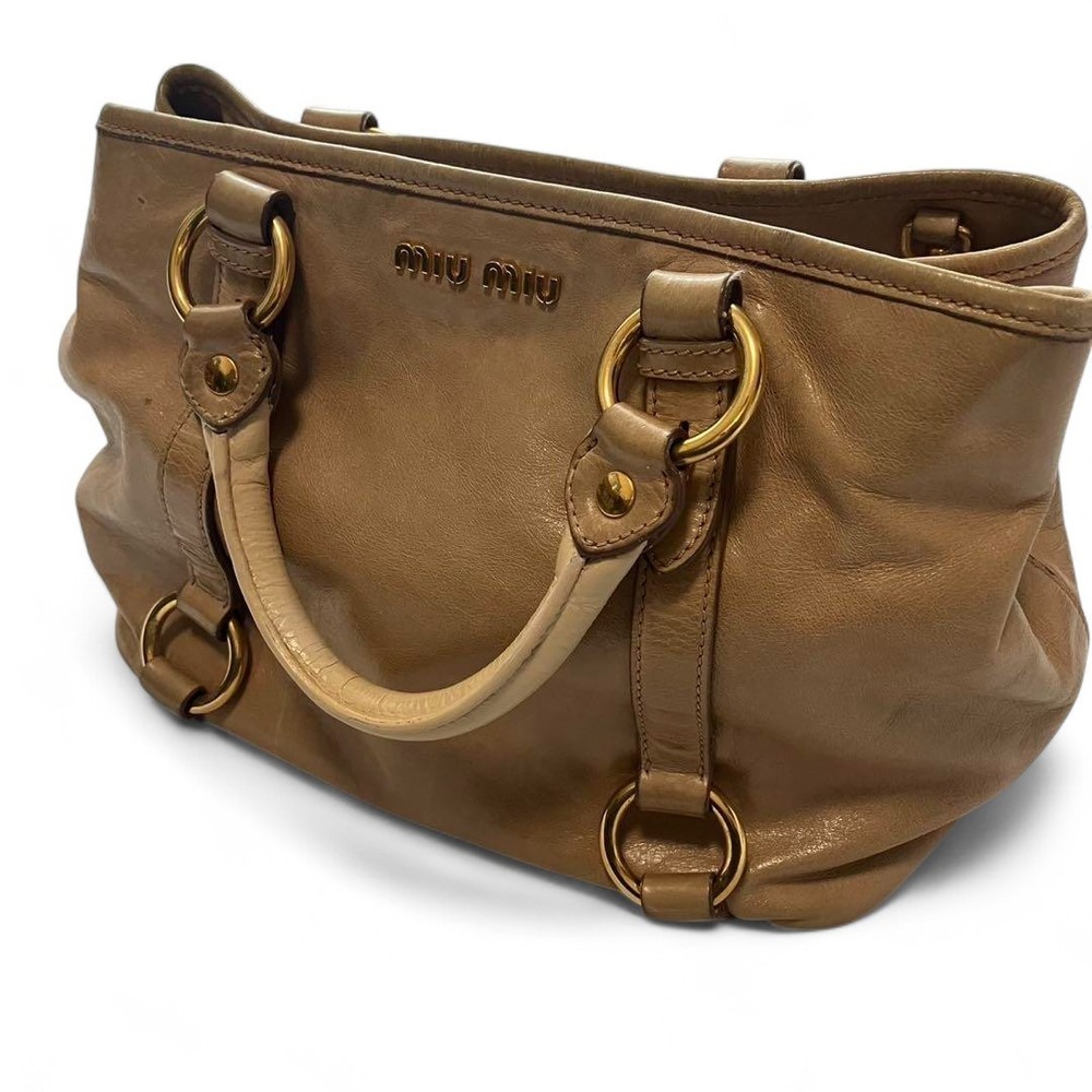 Miu Miu RN0685 Vitello Shine Handbag Pink Beige Leather Tote Bag Used Japan FS