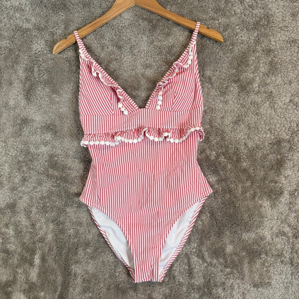 J. Crew Ruffle One Piece Swimsuit Seersucker Red Pink White Stripe 2 XS