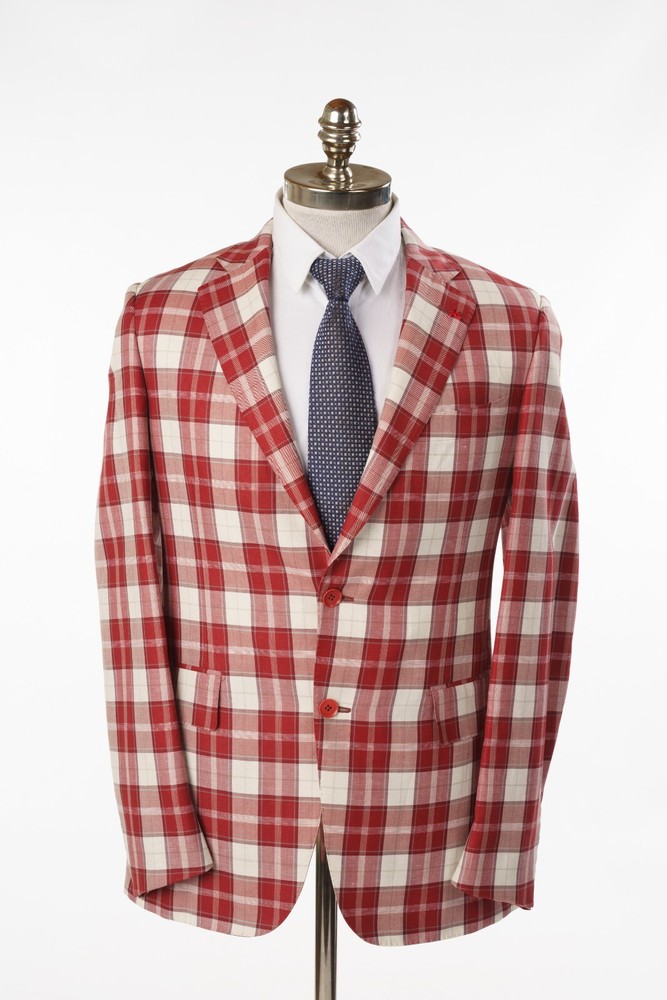 NWT $3195 ISAIA Base Gregory Red Check Wool Linen Sport Coat 38 R (EU 48) Drop 7