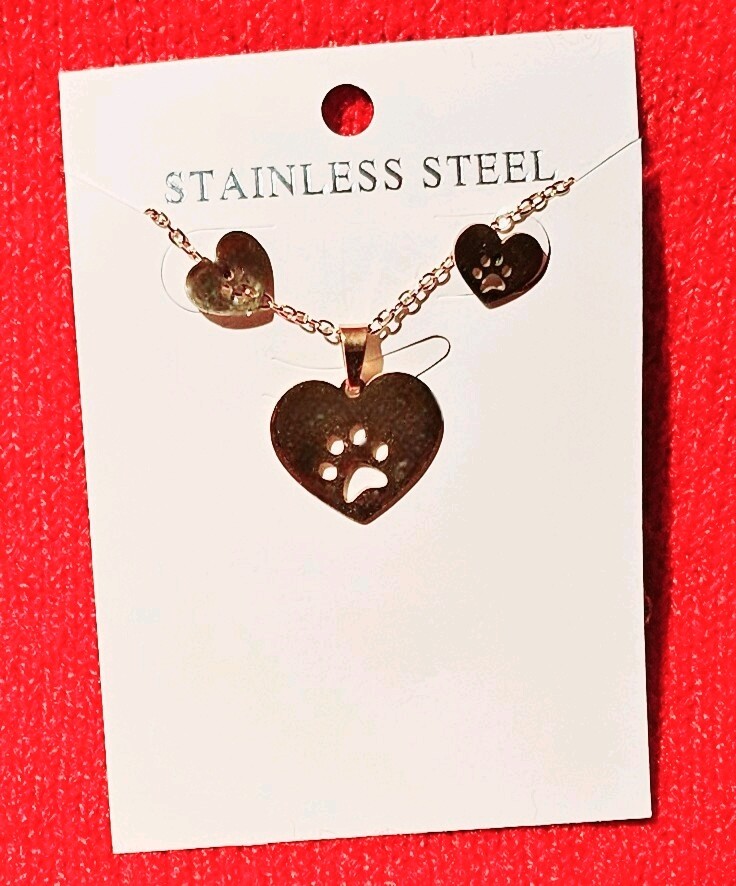 Gold Plated Stainless Steel Heart Pendant Necklace & Earrings Set