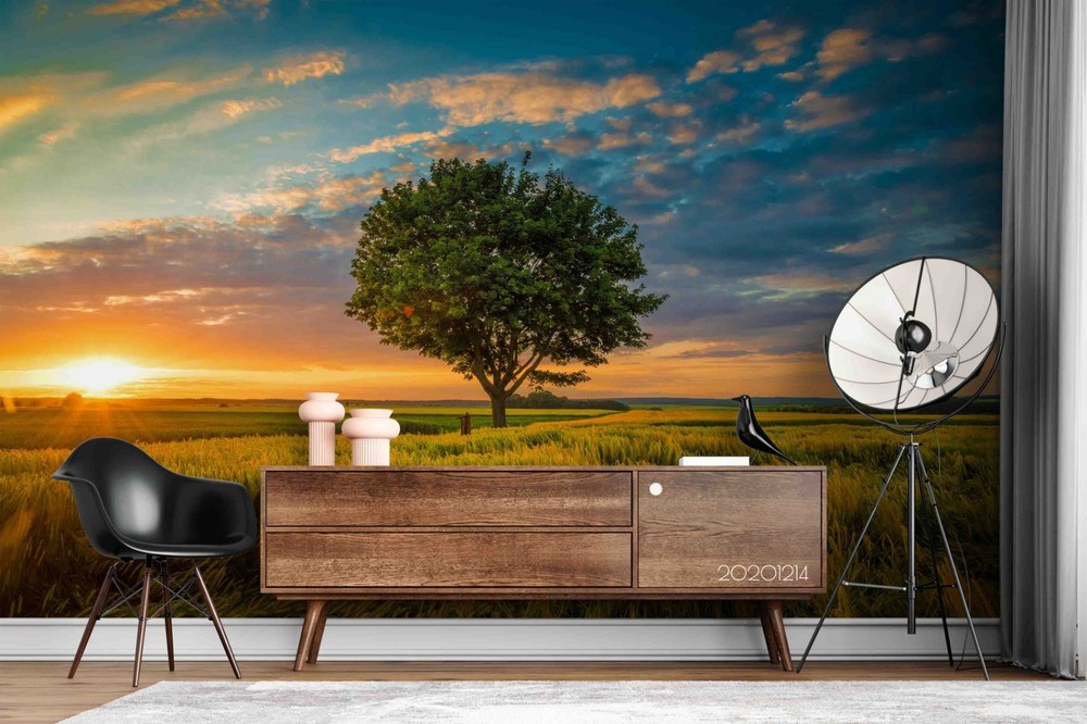 3D Field Tree Sky Sunset Landscape Wall Murals Wallpaper Murals Wall Sticker