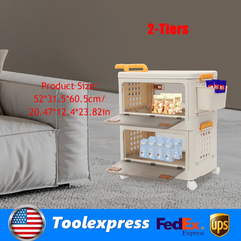 2 Tiers Foldable Storage Cabinet Organizer Box Plastic Storage Bins with Wheels