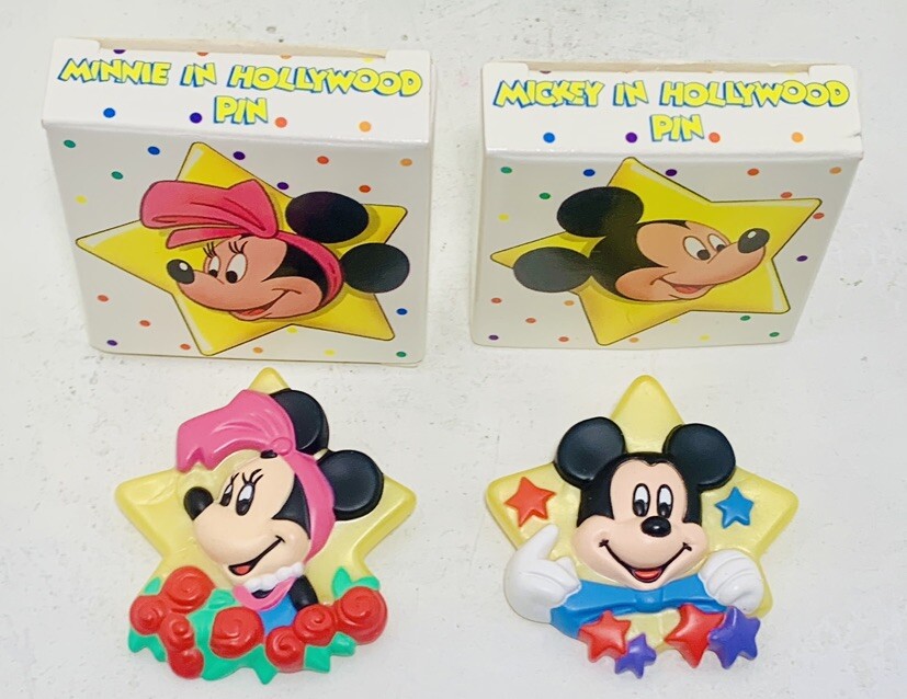 AVON Mickey + Minnie Mouse in Hollywood Lapel Pins 1989 Walt Disney Resin Button