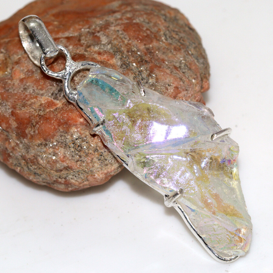 925 Silver Plated Crystal Titanium Aura Quartz Pendant Size 2.3