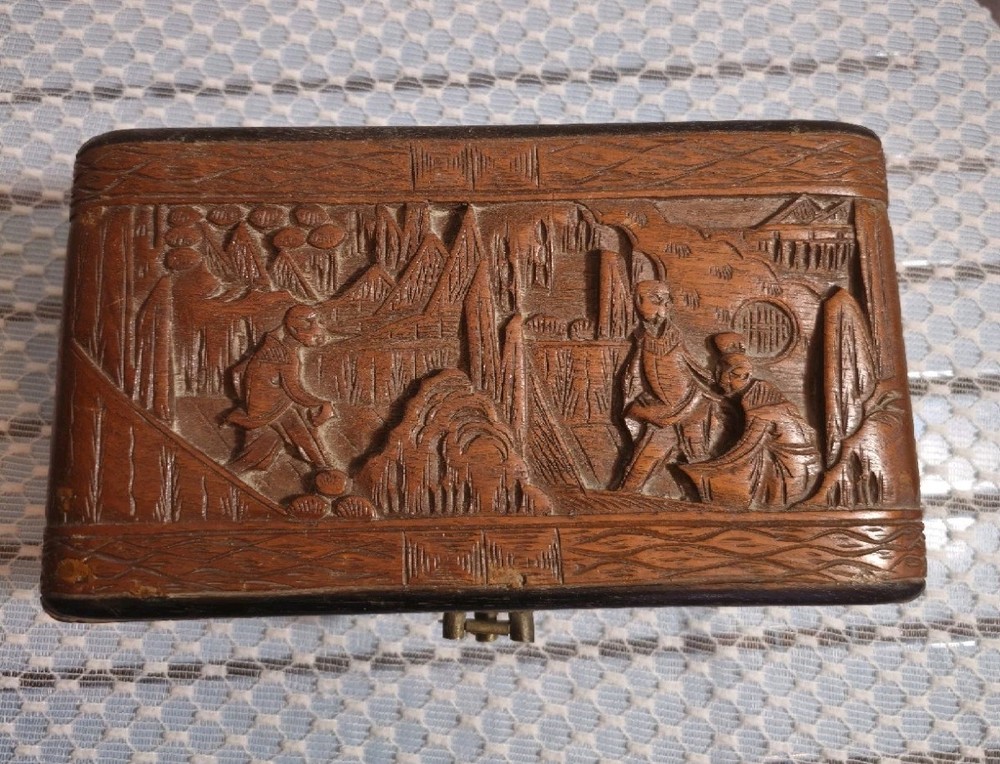 Vintage Hand Carved Asian Wooden Jewelry Trinket Box Landscape Scene Relief