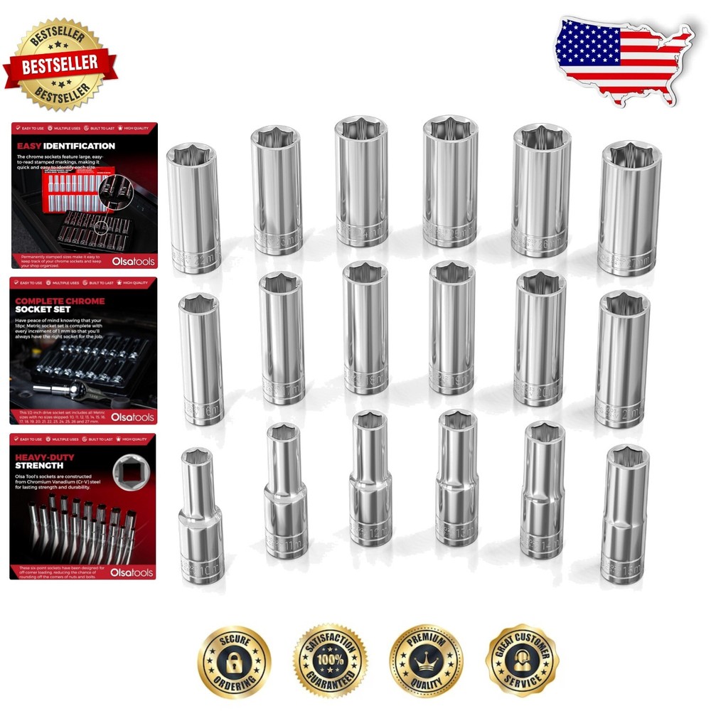 18pc Metric Socket Set - 1/2-Inch Drive, 6-Point Deep Sockets for Professionals