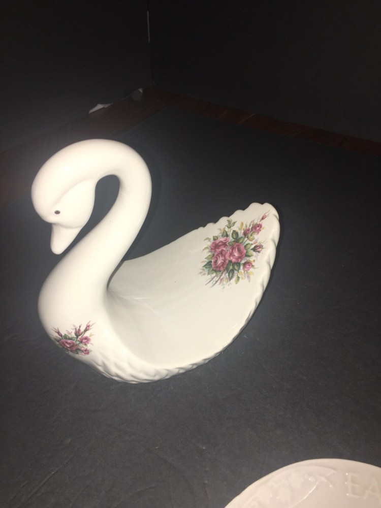 Athena made in USA white ceramic swan with colored flowers