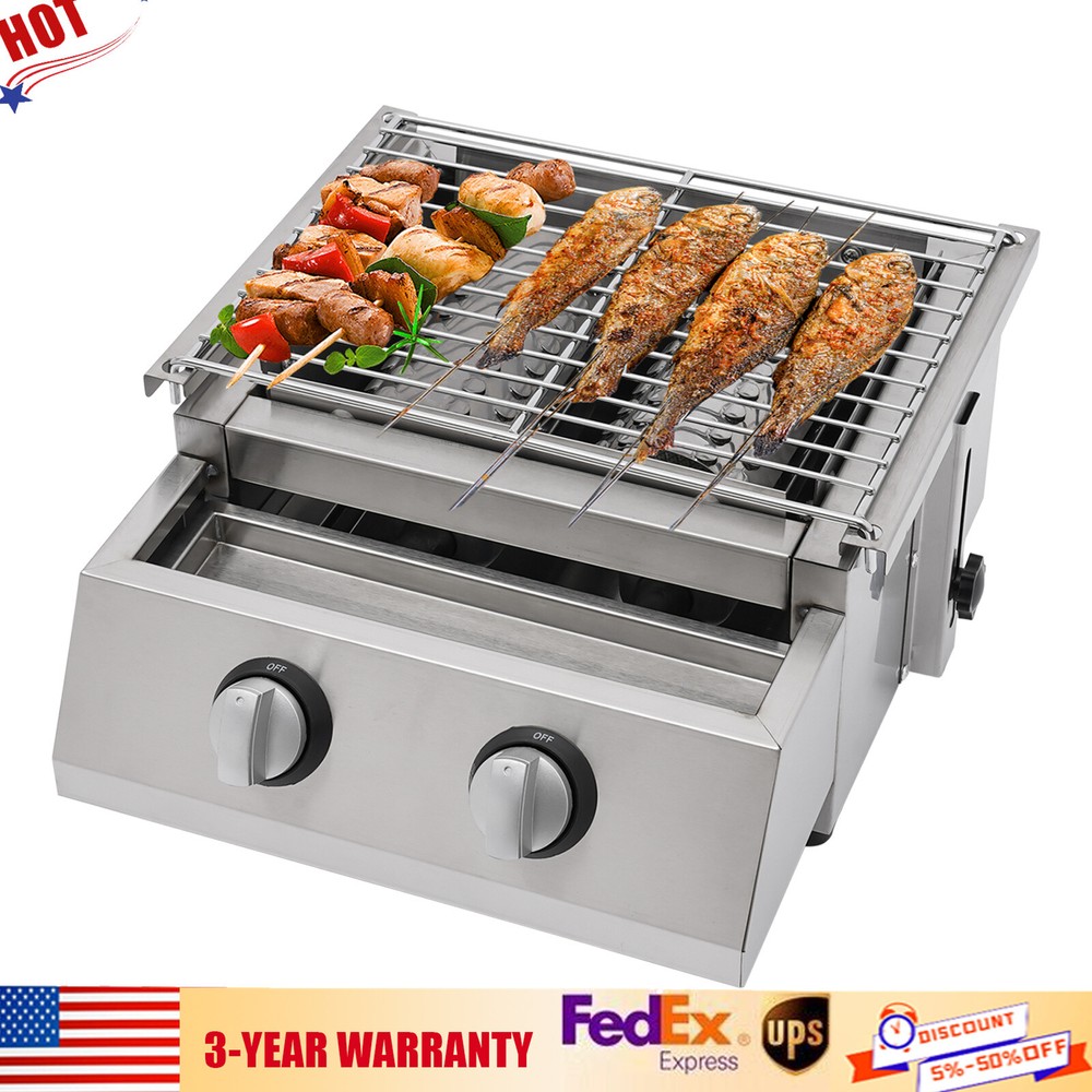 Portable 2 Burner Gas BBQ Grill Tabletop Camping Smokeless Grill Stainless Steel