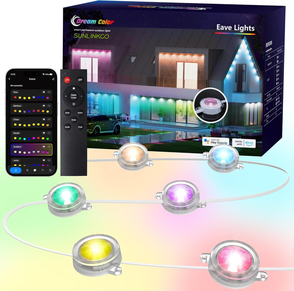 RGB+IC Permanent Outdoor Lights, 100Ft Smart Eave Lights, String Lights, IP67 Wa