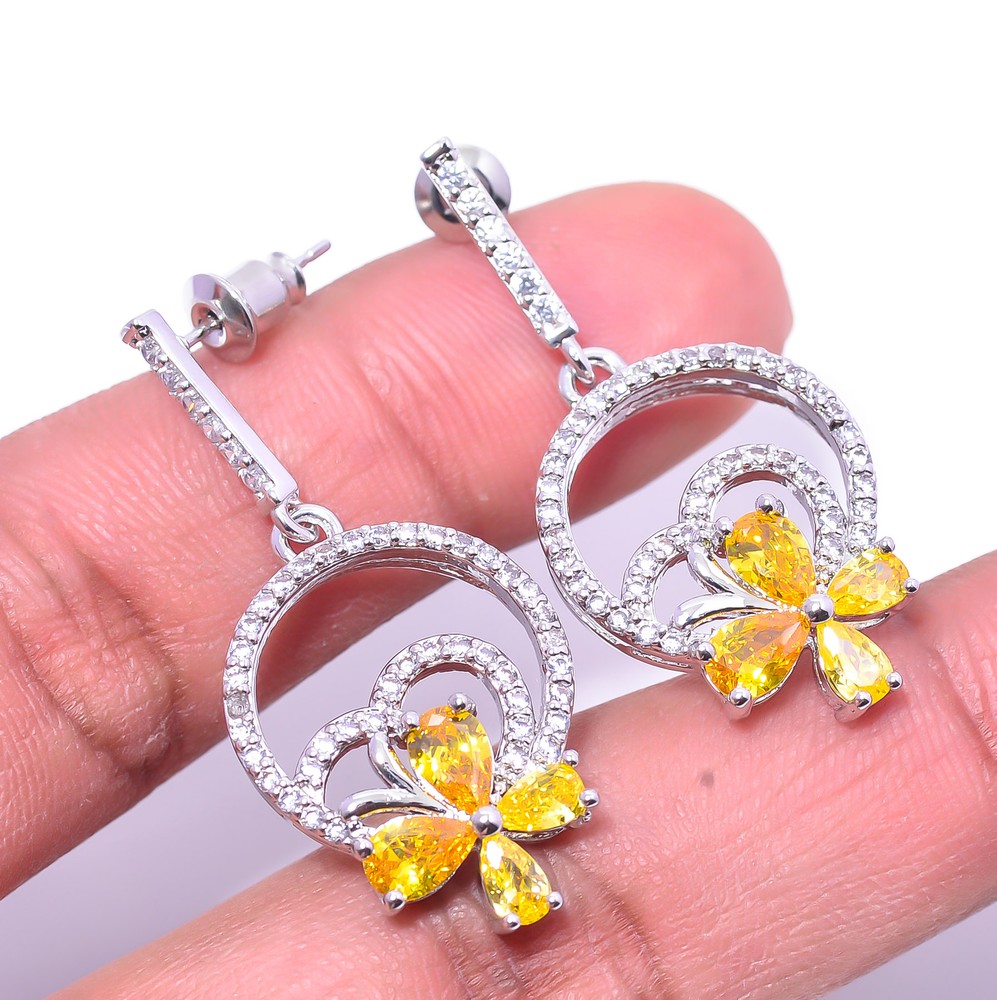 Yellow Sapphire - Simulated & CZ 925 Sterling Silver Earring 1.56