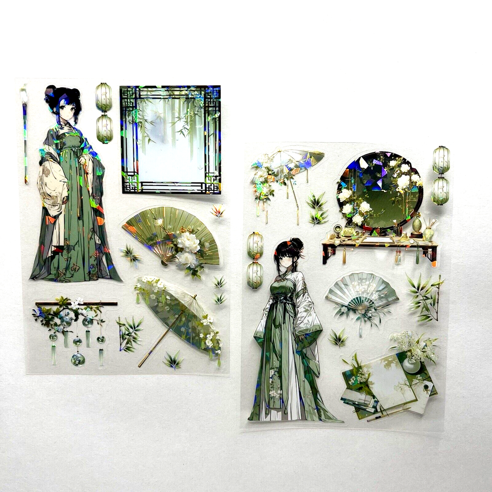 Holographic Green Dressed Lady Stickers Asian Anime Journal Collage Laptop Phone