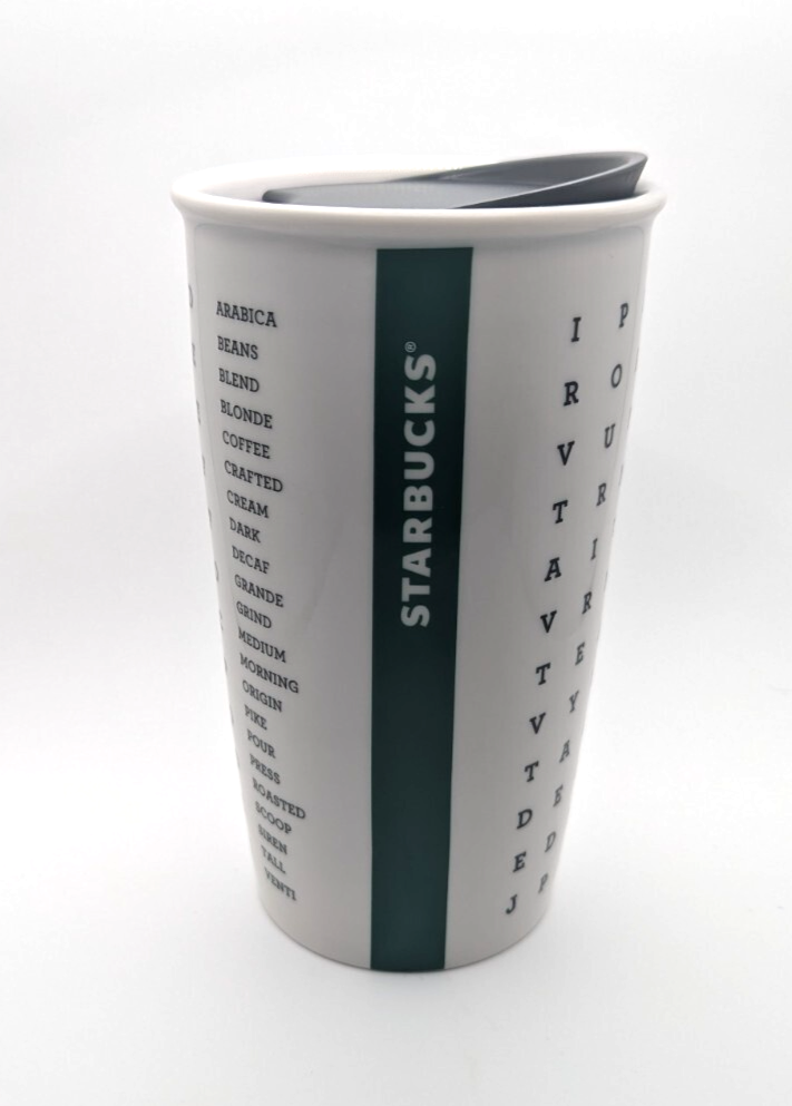 Starbucks 2016 Ceramic Travel Mug 12oz Word Search Puzzle Tumbler