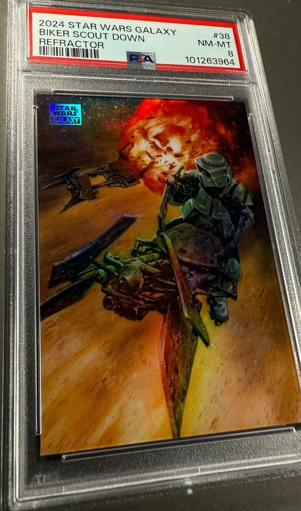 (PSA 8) 2024 Star Wars Galaxy #38, “Biker Scout Down” Refractor