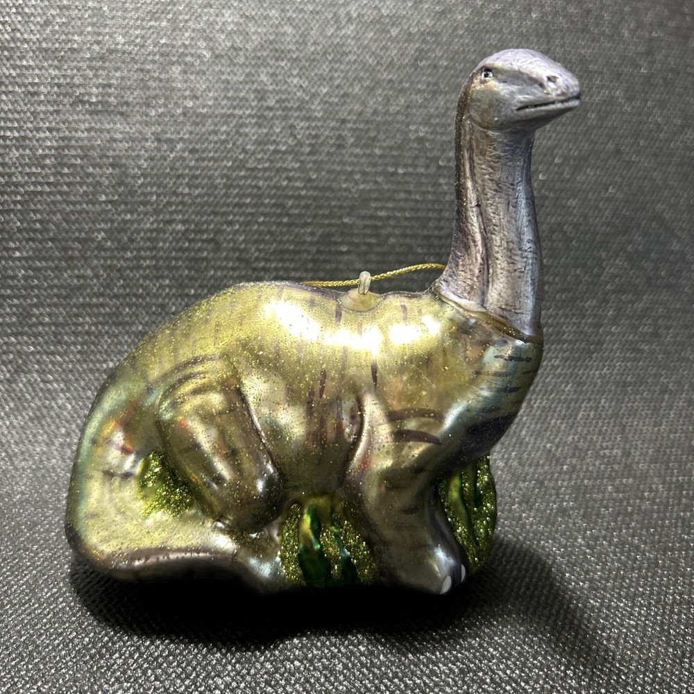 BLOWN GLASS~ 🦖 BRONTOSAURUS DINOSAUR ORNAMENT~green Purple Christmas