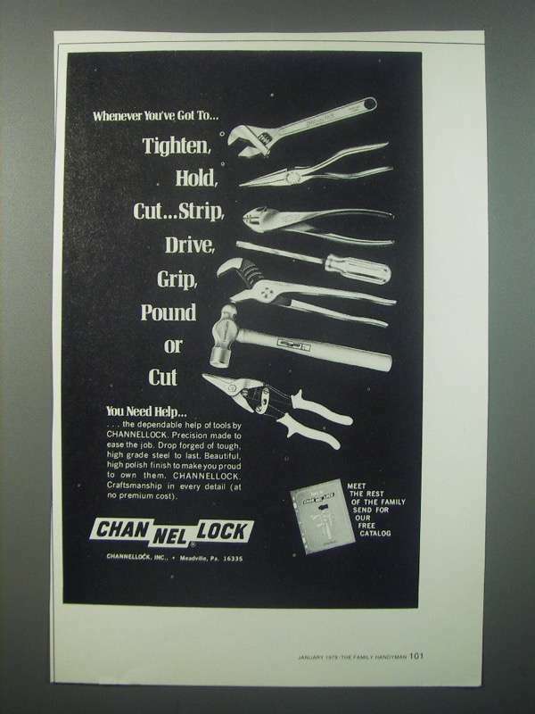 1979 Vintage Channellock Tools Ad - Secure Tighten Grip Cut Efficiently