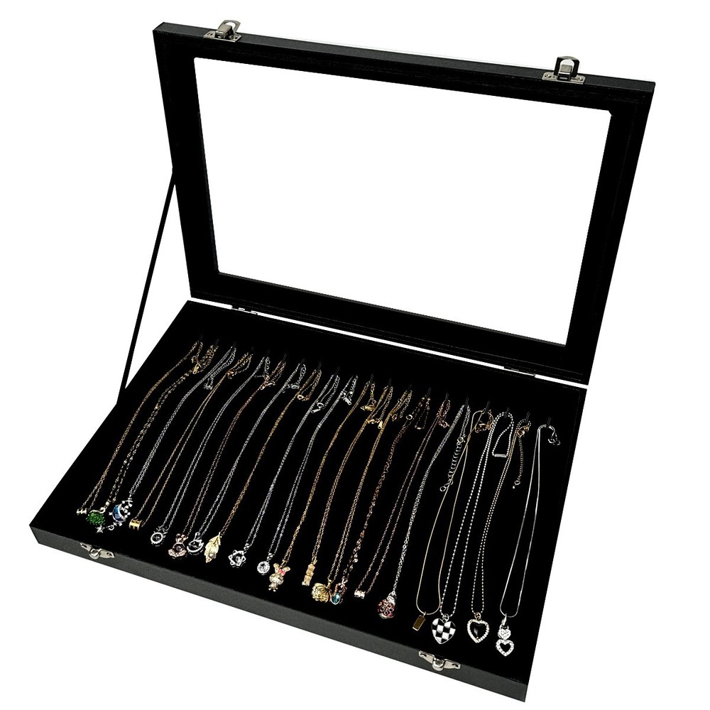 Black 20 Hooks Velvet Necklace Organizer Box Necklace Holder Tray with Clear Lid