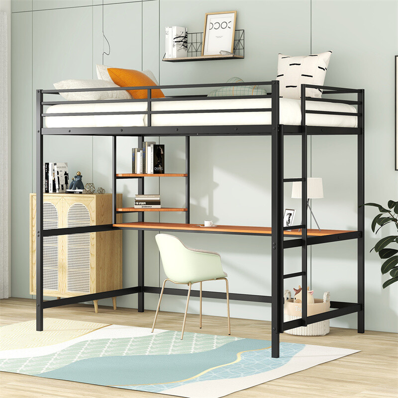 Full Size Heavy-Duty Metal Loft Bed with Shelves and Desk for Kids and Adults-image