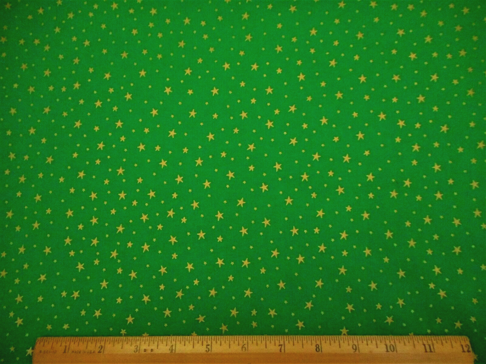 Christmas Fabric By Yard Metallic Gold Stars on Xmas Green Premium Cotton #26