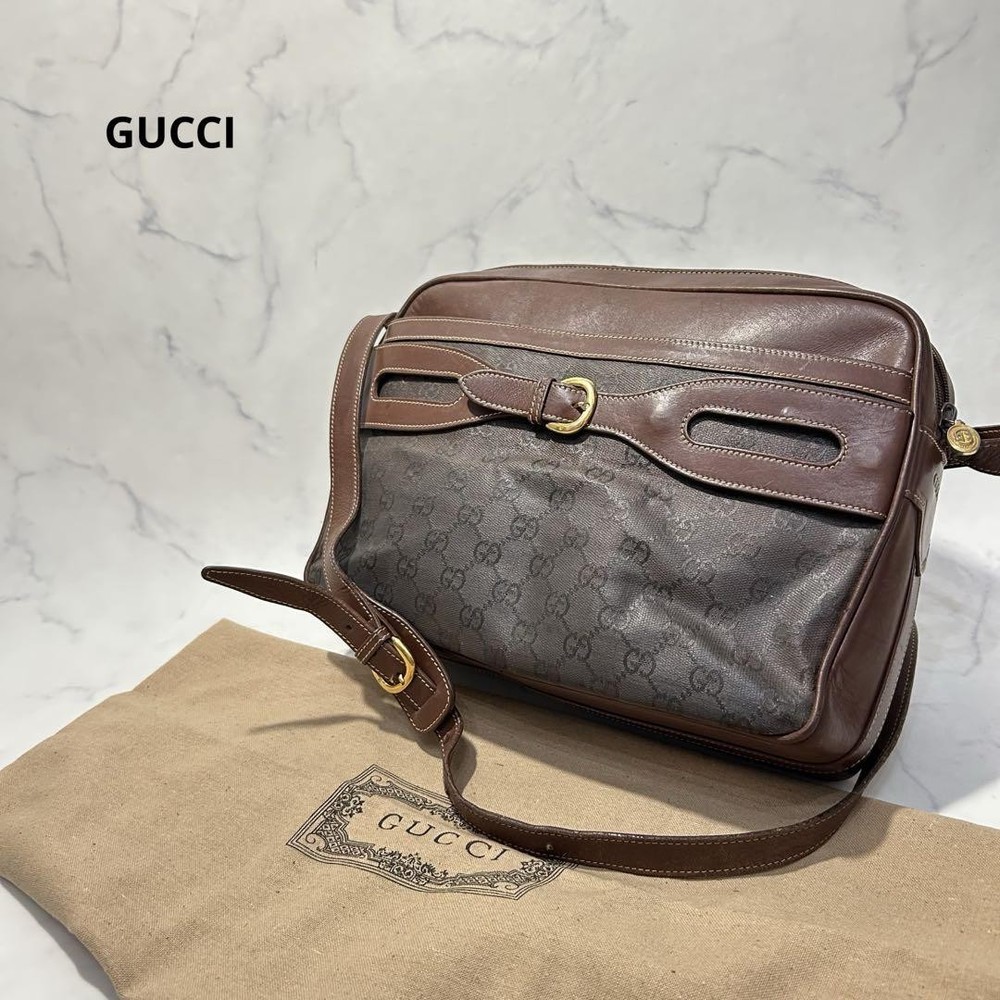 Gucci GG Brown Leather Shoulder Bag 8.3x11.8x3.5 Inches Like New