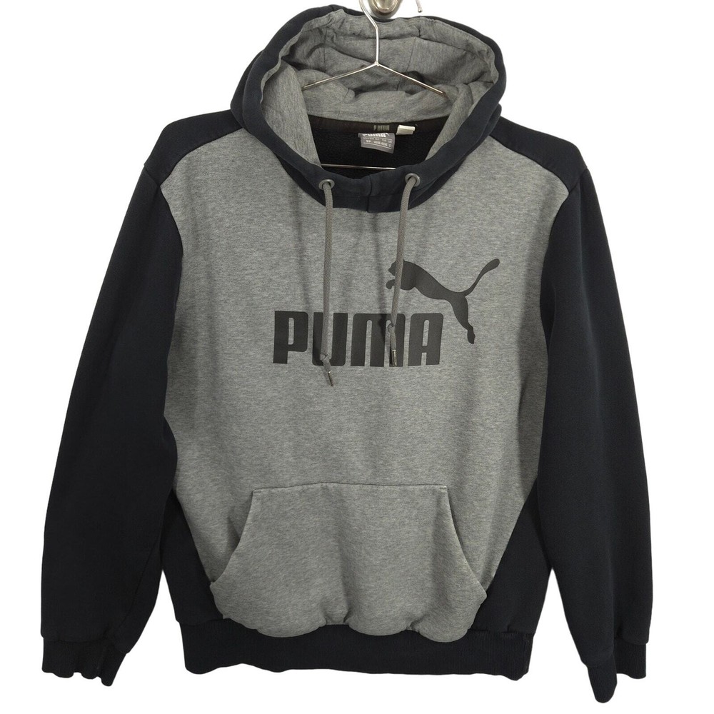 PUMA Hoodie Mens Small Gray Black Essential Big Logo Fleece Long Sleeve Pullover