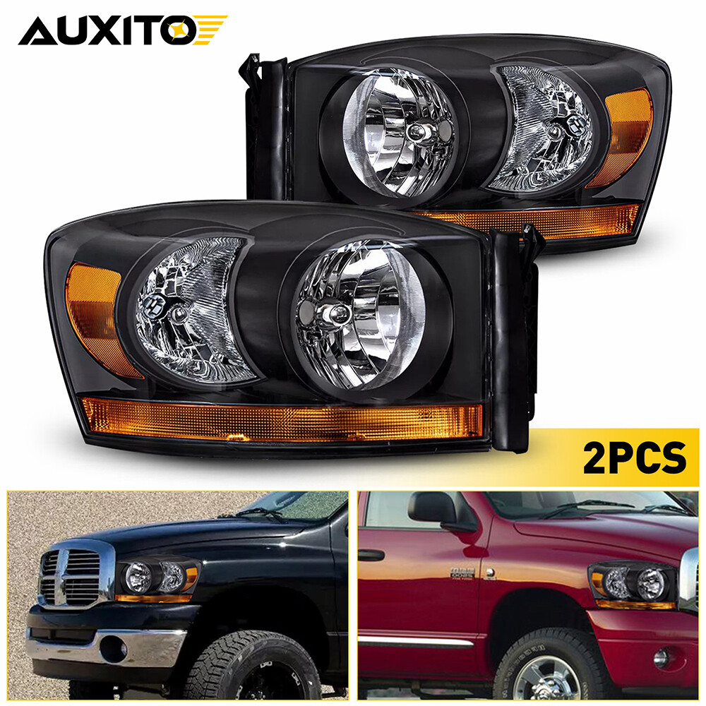 For 2006-2009 Dodge Ram 1500 2500 3500 w/Chrome Bezel Headlights Headlamps  12V