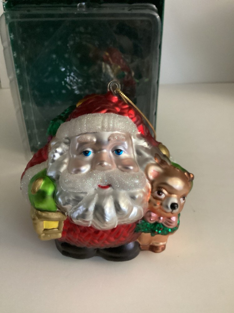 Short Stout Glass Santa Ornament Featuring Reindeer Design