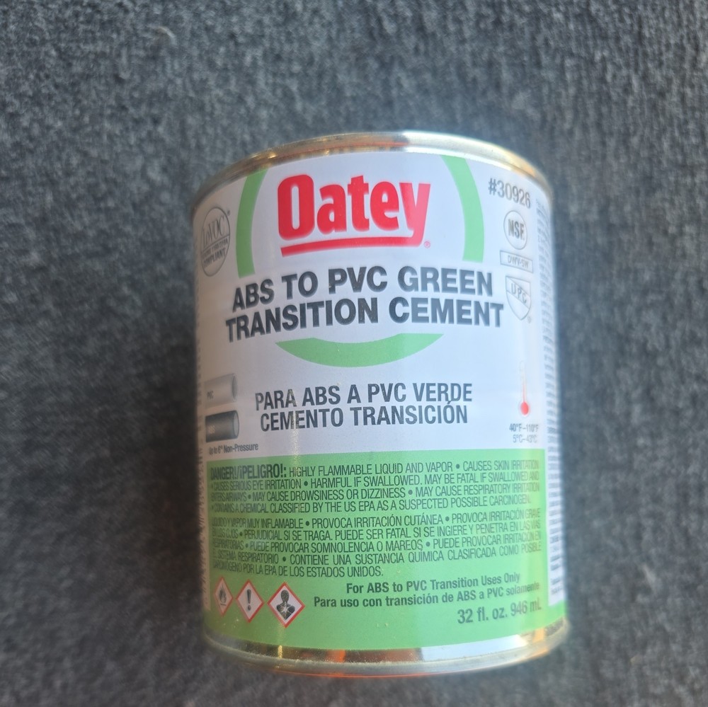 ABS to PVC Green transition cement. 35fl oz