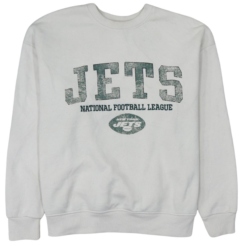 Primark Womens Sweatshirt Cream Jets NFL Graphic Print Fleece Crew Pullover S