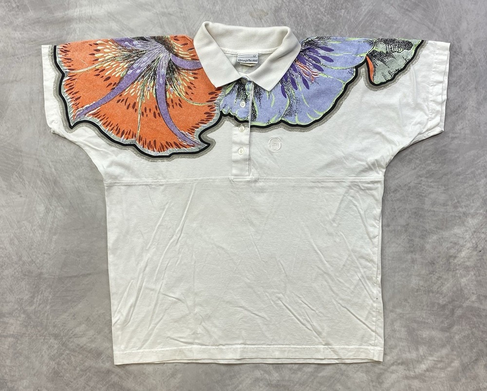 Vintage Flower Sergio Tacchini Polo Shirt Luxury Rare Italy White Size Large