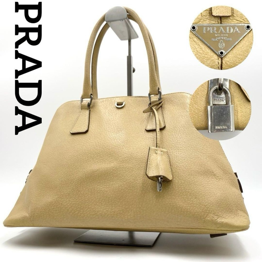 Vintage PRADA Leather Tote Bag with Logo Plate From Japan